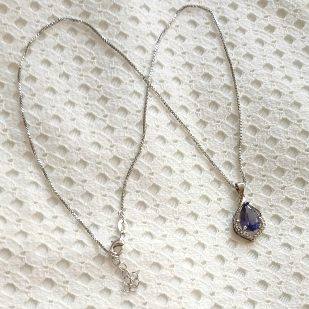 Purple Teardrop Channel Set Necklace 18" Women's Silver Tone Pendant Jewelry